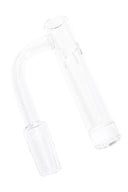 Clear long neck quartz banger at angled view with tower bucket and 14.5 mm male 90° joint