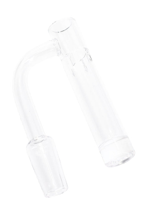Clear long neck quartz banger at angled view with tower bucket and 14.5 mm male 90° joint