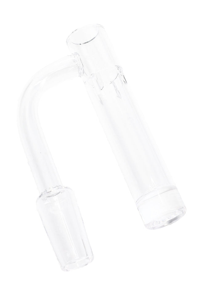 Clear long neck quartz banger at angled view with tower bucket and 14.5 mm male 90° joint