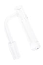 Clear long neck quartz banger at angled view with tower bucket and 14.5 mm male 90° joint