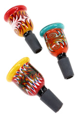 Three 14.5 mm male glass bowls with red, yellow, and teal rims plus black joints and reverse patterns