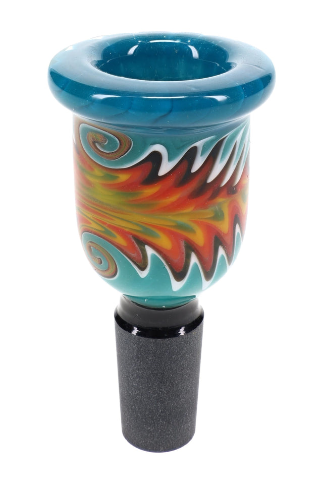 Teal rim glass bowl with black 14.5 mm male joint, colorful reverse swirl, and dry herb slide shape