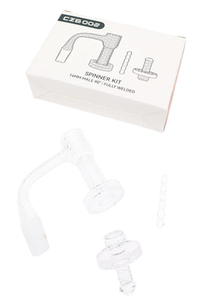 Fully welded quartz banger spinner kit with etched bucket, 2.5 mm wall, and 6 mm × 40 mm pillar