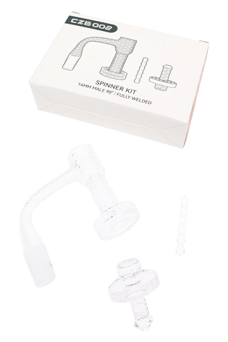 Fully welded quartz banger spinner kit with etched bucket, 2.5 mm wall, and 6 mm × 40 mm pillar
