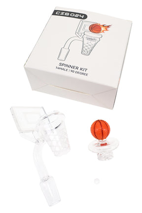 Basketball hoop quartz banger kit with 14.5 mm male 90° joint, spinner cap, and clear 6 mm bead