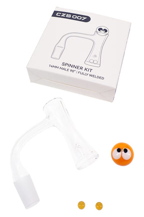Fully welded quartz banger kit with 2.5 mm bucket, 4 mm bottom, and mixed spinner bead accessories