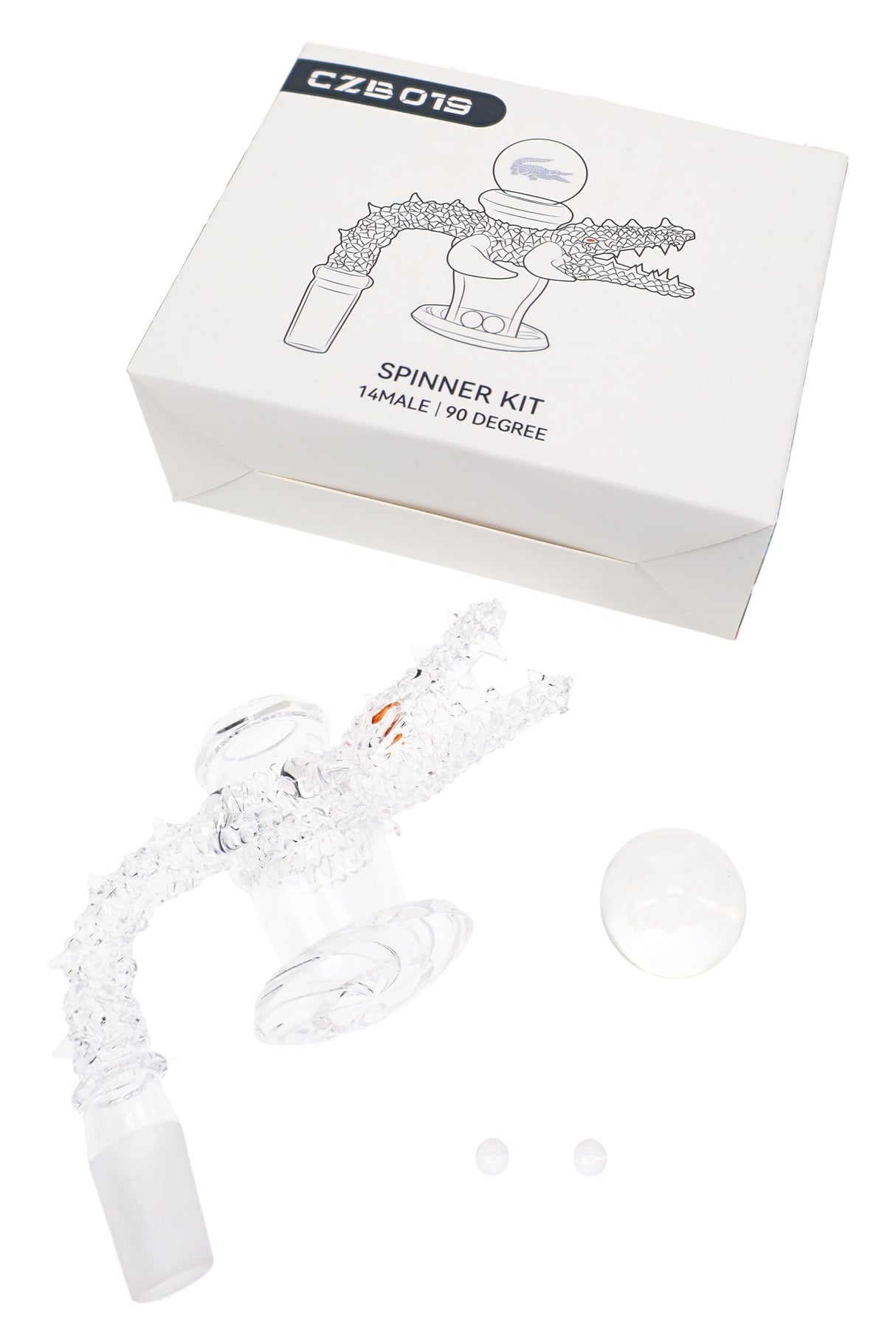 Crocodile terp slurper kit showing quartz banger, two 6 mm beads, and 25 mm themed spinner bead
