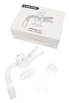 Crocodile terp slurper kit showing quartz banger, two 6 mm beads, and 25 mm themed spinner bead