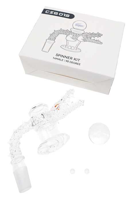 Crocodile terp slurper kit showing quartz banger, two 6 mm beads, and 25 mm themed spinner bead