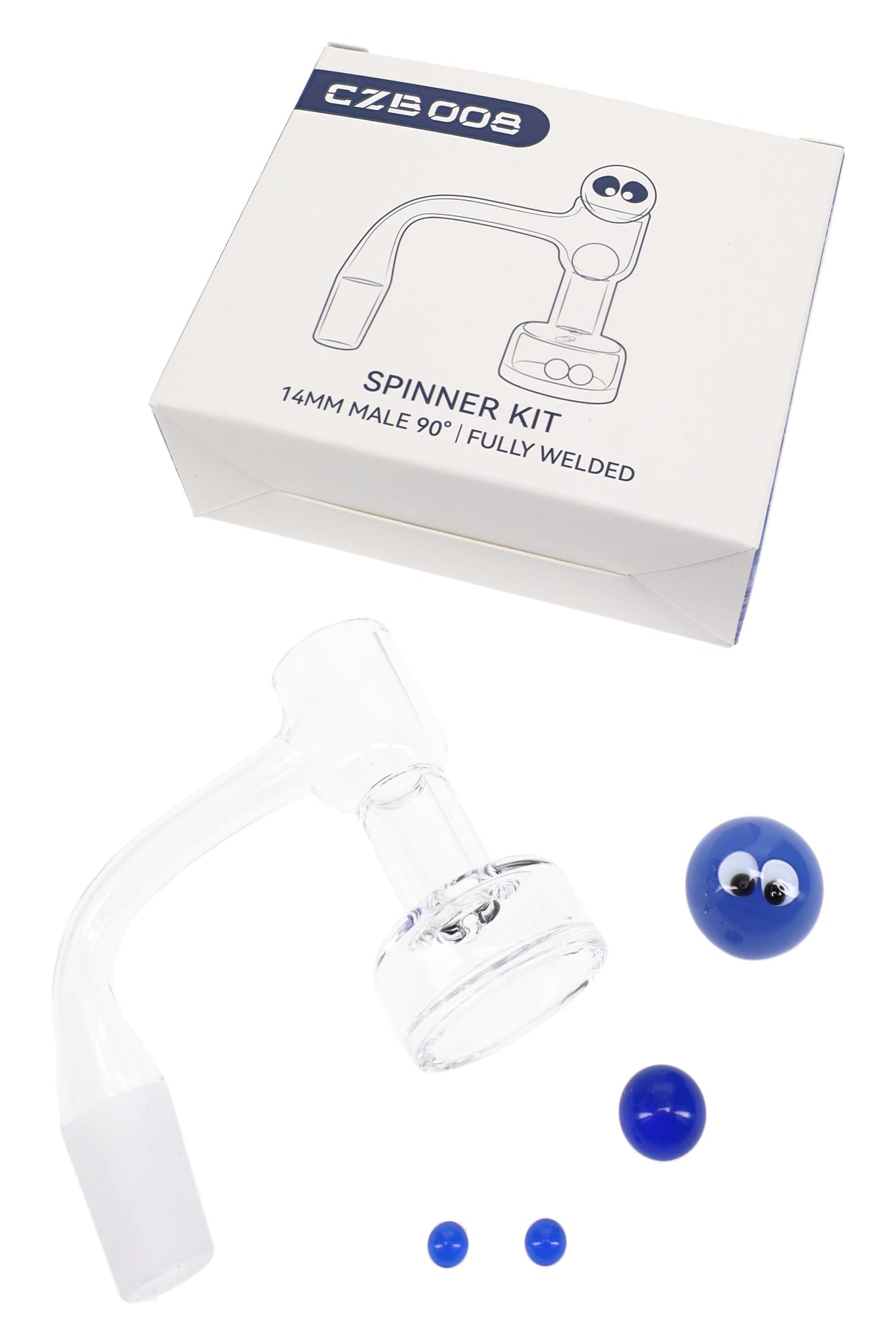 Quartz terp slurper banger kit with 14.5 mm male 90° joint, spinner beads, and eye marble accessory