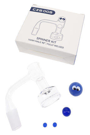 Quartz terp slurper banger kit with 14.5 mm male 90° joint, spinner beads, and eye marble accessory