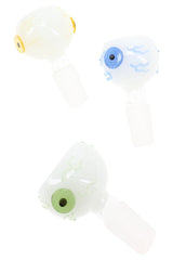 Alternate angle of glass eyeball bowl showing decorative eye detail and male joint for bong setups