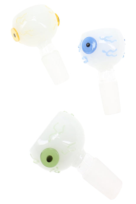 Alternate angle of glass eyeball bowl showing decorative eye detail and male joint for bong setups