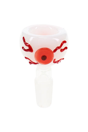 Eyeball glass bowl with 14.5 mm male joint, rounded novelty eye design, and clear glass connection