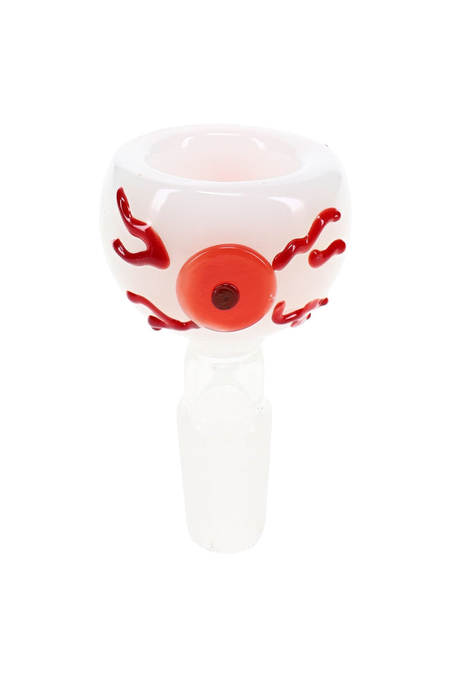 Eyeball glass bowl with 14.5 mm male joint, rounded novelty eye design, and clear glass connection