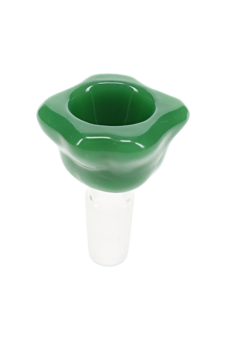 Bright slime flower glass bowl with 14.5 mm male joint, wavy petals, and colorful bong accessory shape