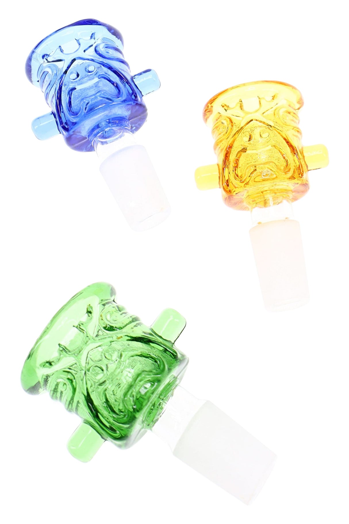 Alternate angle of tiki-style glass bowl showing assorted color body, sculpted face, and male joint