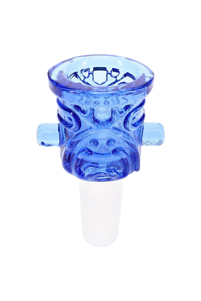 Colored tiki glass bowl with 14.5 mm male joint, novelty carved-face shape, and bright glass detail