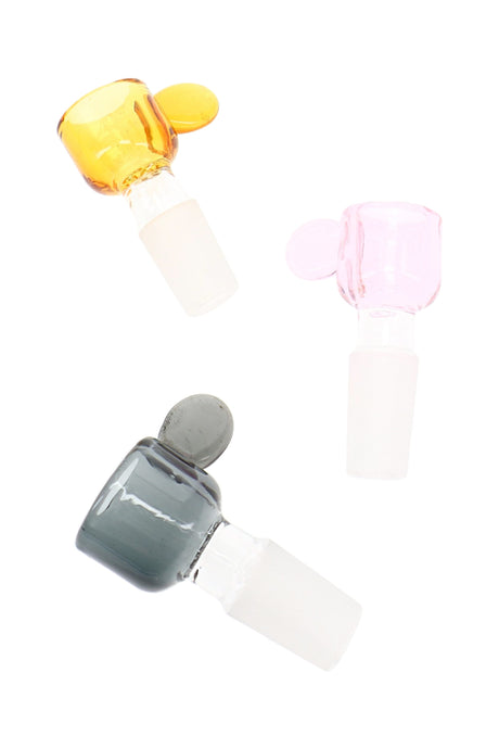 Alternate angle of glass screen bowl showing colored glass detail, built-in screen, and male joint