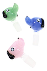 Alternate angle of dog-themed glass bowl showing rounded shape, colored body, and male joint connection