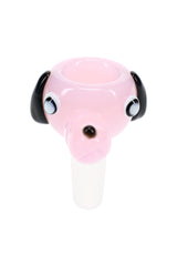 Colored dog glass bowl with 14.5 mm male joint, playful animal shape, and assorted glass detail