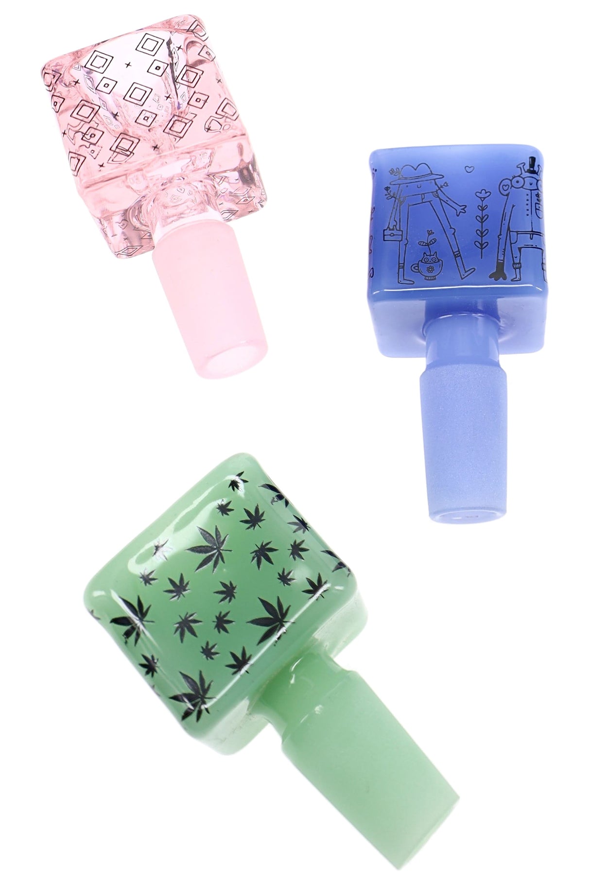 Alternate angle of cube glass bowl showing colored glass body, decal details, and male joint connection