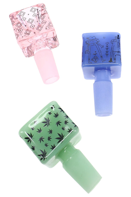 Alternate angle of cube glass bowl showing colored glass body, decal details, and male joint connection