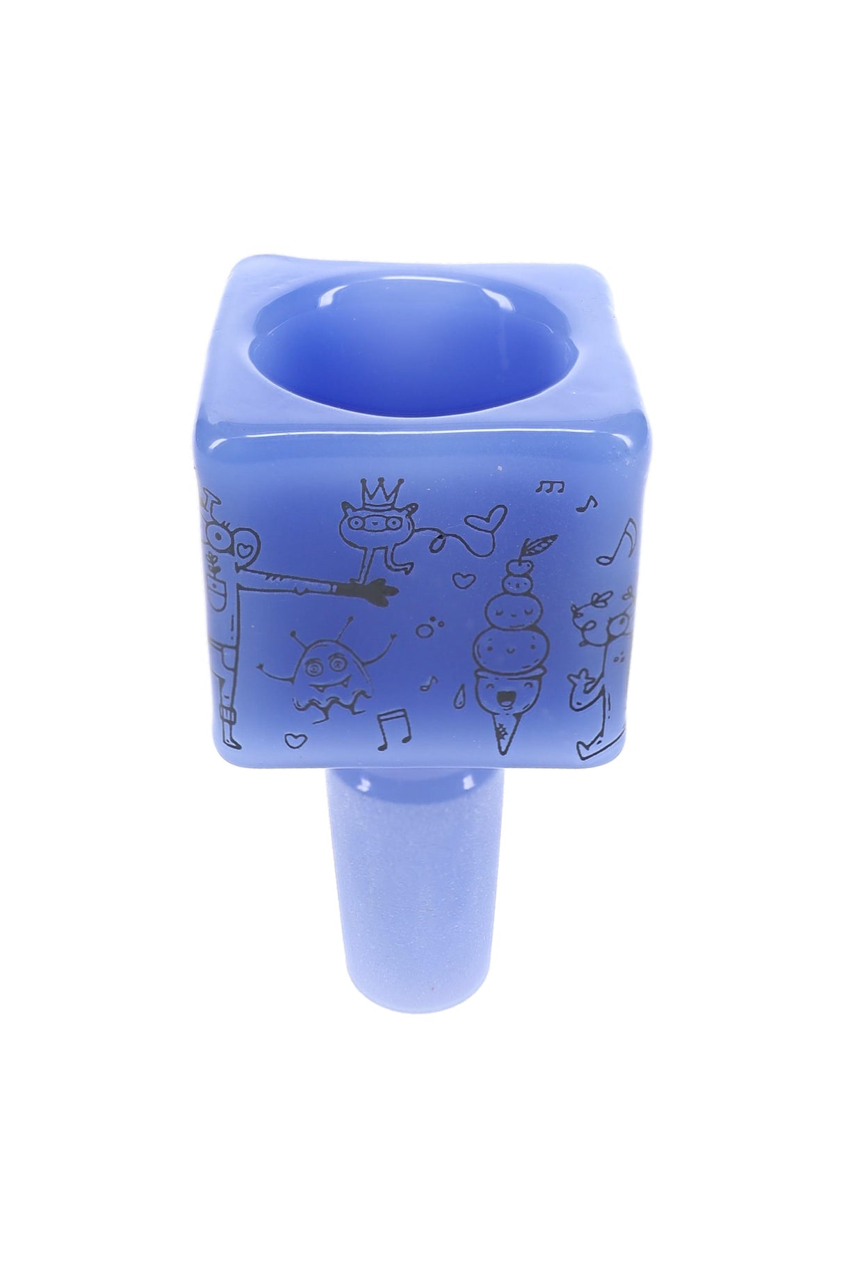 Decal colored cube glass bowl with 14.5 mm male joint, blue-green glass, and decorative artwork