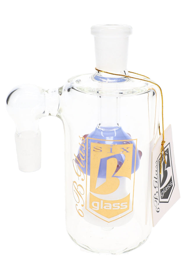 6B Glass 14.5 mm mushroom ash catcher with clear cylinder, blue mushroom insert, and side joint