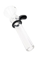 Black handle Ancient Creations glass slide bowl with clear tube and black sealing ring close-up