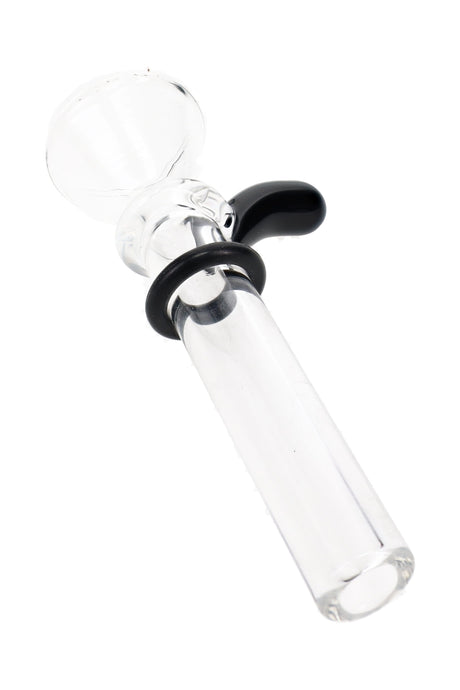 Black handle Ancient Creations glass slide bowl with clear tube and black sealing ring close-up