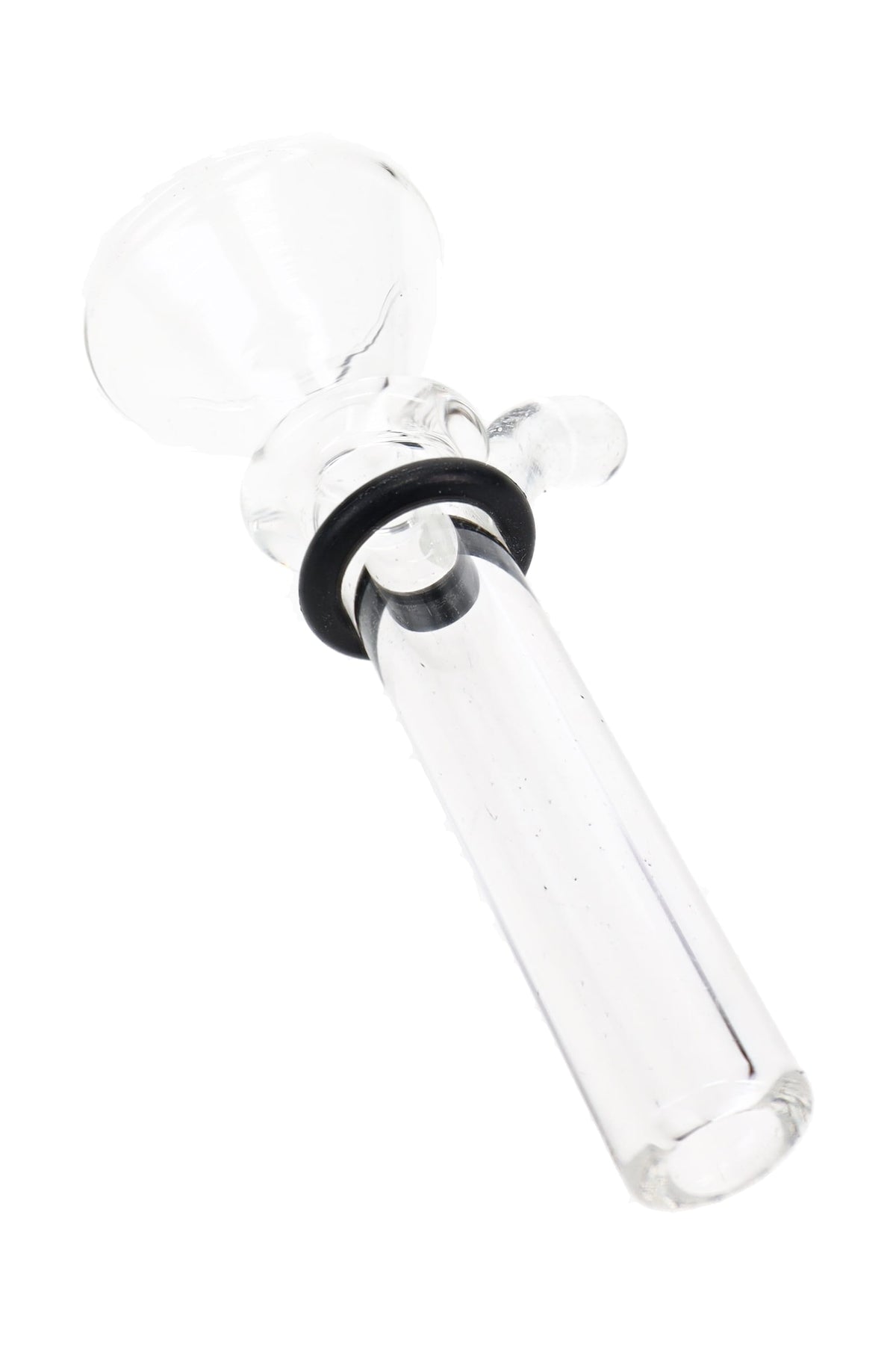 Clear handle Ancient Creations glass slide bowl showing standard tube and black sealing ring detail