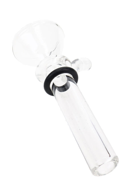 Clear handle Ancient Creations glass slide bowl showing standard tube and black sealing ring detail