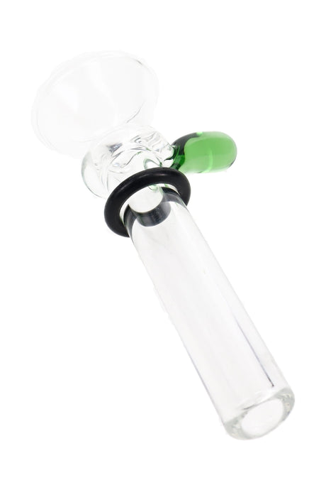 Green handle Ancient Creations glass slide bowl with martini bowl and black sealing ring close-up