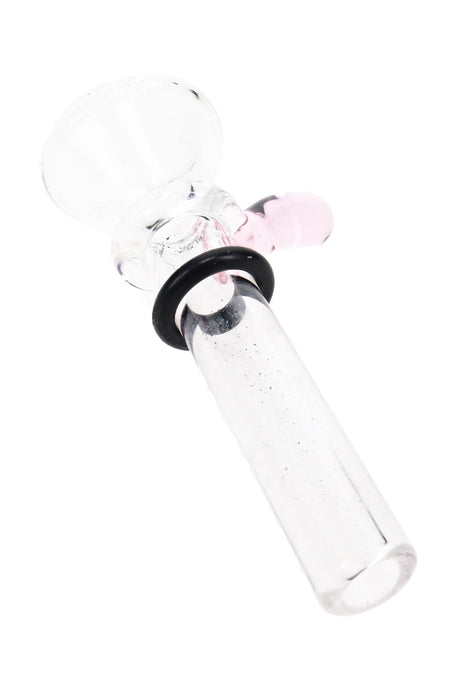 Pink handle Ancient Creations glass slide bowl with clear tube, martini bowl, and black sealing ring
