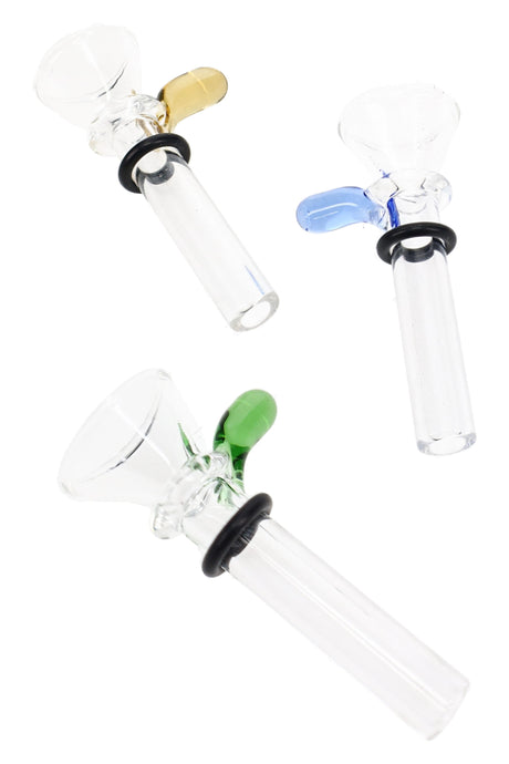 Three Ancient Creations glass slide bowls with clear tubes, black sealing rings, and colored handles