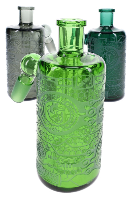 Assorted 6B Glass frosted ash catchers in green, smoke, and teal with showerhead perc chambers