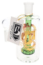 Green 6B Glass leaf ash catcher with clear body, 90-degree joint, showerhead perc, and hang tag
