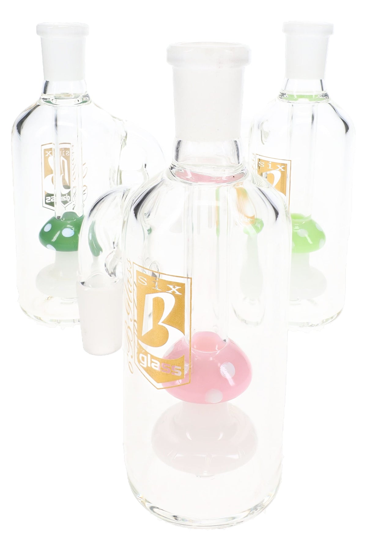Assorted 6B Glass mushroom ash catchers with clear bodies, green stems, and pink, blue, green accents