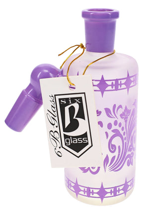 Purple 6B Glass frosted ash catcher with 45-degree joint, scrollwork graphics, and hang tag
