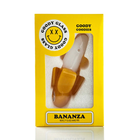 Goody Glass Bananza hand pipe in yellow retail box with front window and peeled banana design
