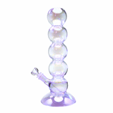 Side view of iridescent bubble bong showing five stacked chambers, flared base, and reflective glass surface