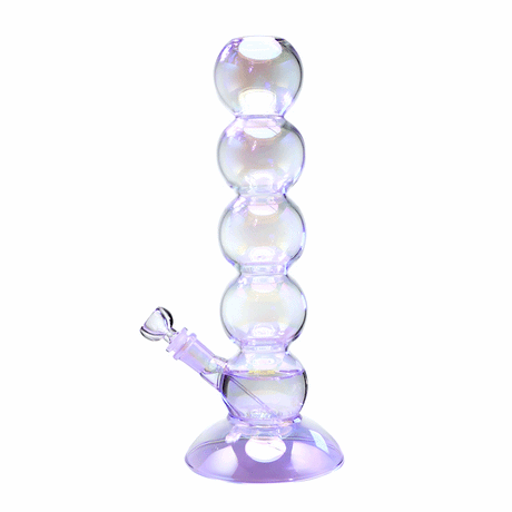 Side view of iridescent bubble bong showing five stacked chambers, flared base, and reflective glass surface