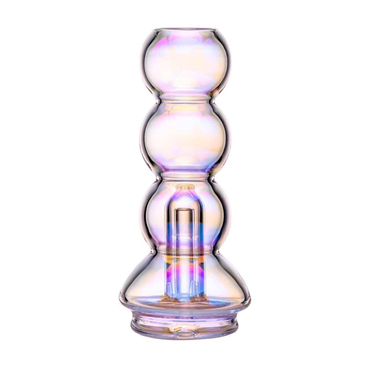 Side view of iridescent Peak top showing bubble-stack profile, base opening, and reflective glass surface