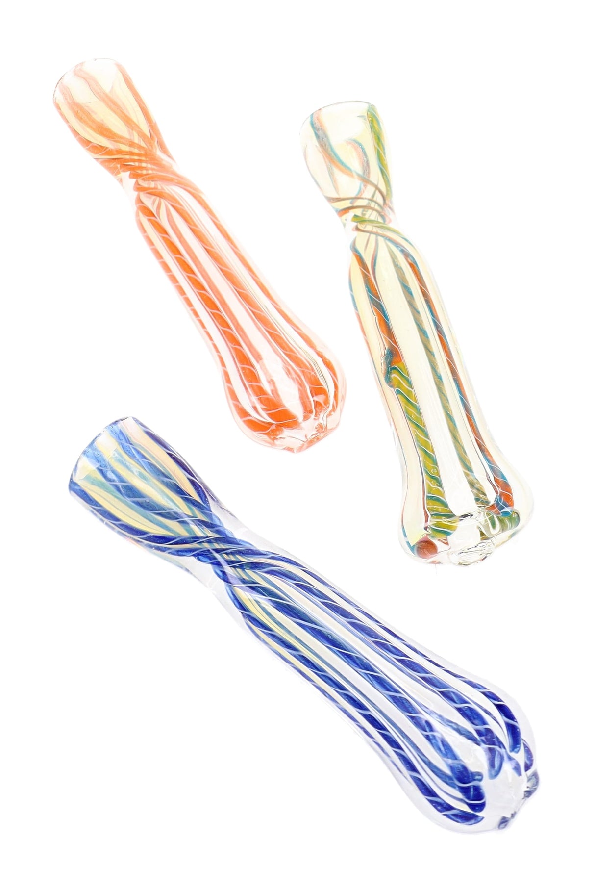 Assorted 3″ color-changing glass chillums with blue, orange, and multicolor twisted stripe accents