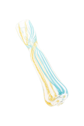 Clear 3″ color-changing glass chillum with aqua and gold twisted stripes shown from side angle