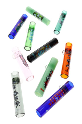 Assorted GRAV 16 mm Whimsical Taster one-hitters, 10-pack, colorful borosilicate chillums with marble roll stops and graphics.