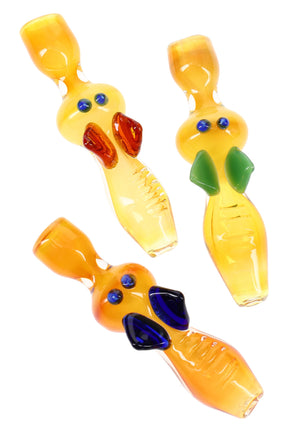 Gold fumed glass chillum with sculpted bee critter accent, compact one-hitter for dry herb in assorted colors, pocket-ready design.