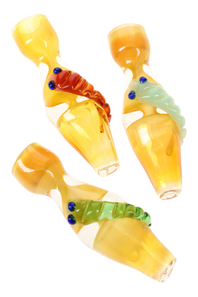 Gold-fumed glass chillum with spiral critter wrap, blue marble eyes, and tapered chambered body, compact 3.5-inch one-hitter.