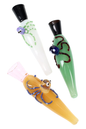 4-inch colored glass chillum with raised octopus wrap and flared mouthpiece, assorted body colors, compact one-hitter hand pipe.